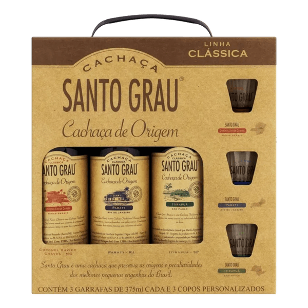 Kit Cachaça Santo Grau com 3 Garrafas 375ml + 3 Copos